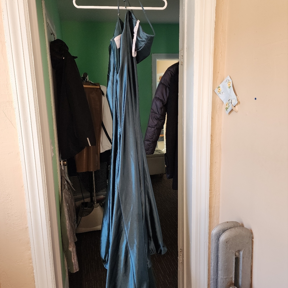 Intrigue women's green very long wedding or prom gown.